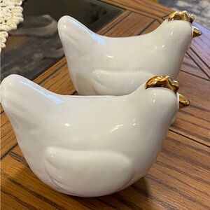 Elegant White Ceramic Chicken Duo with Gold Accents
About 4/5” High